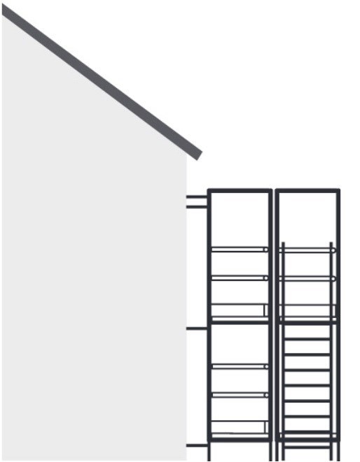 Grafisk illustration af rammestillads med separat opgangsfelt med trapper uden på stilladset
